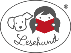 Lesehund-Vereinslogo mit einem Kind uund Hund und Buch